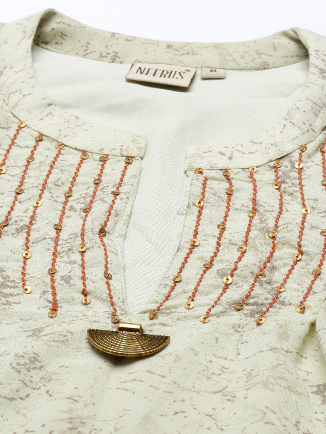 Neerus Green cotton printed anarkali kurti - detail view 5