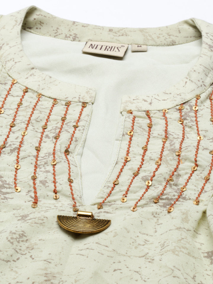 Neerus Green cotton printed anarkali kurti - detail view 5