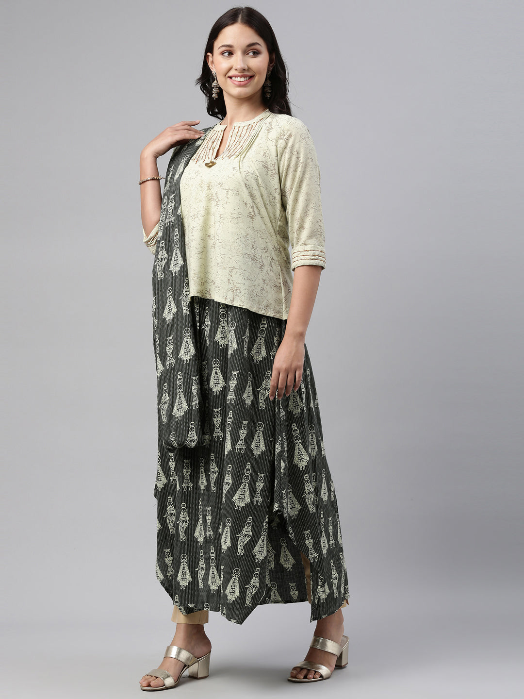 Neerus Green cotton printed anarkali kurti - side view