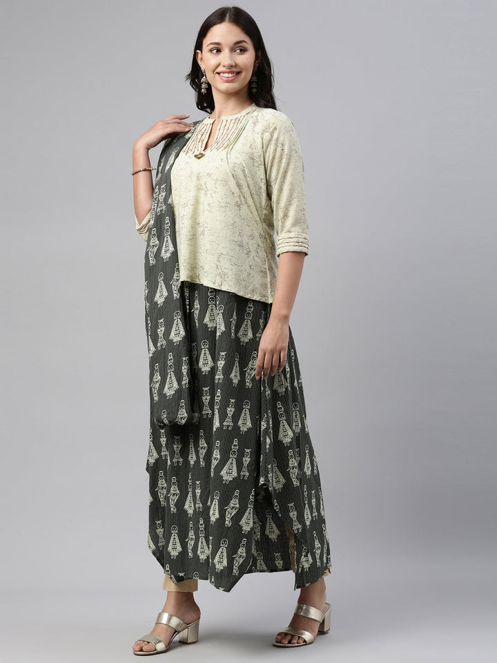 Neerus Green cotton printed anarkali kurti - side view