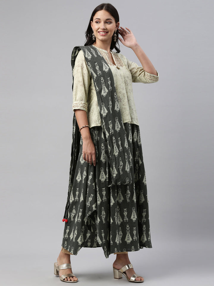 Neerus Green cotton printed anarkali kurti - detail view 1