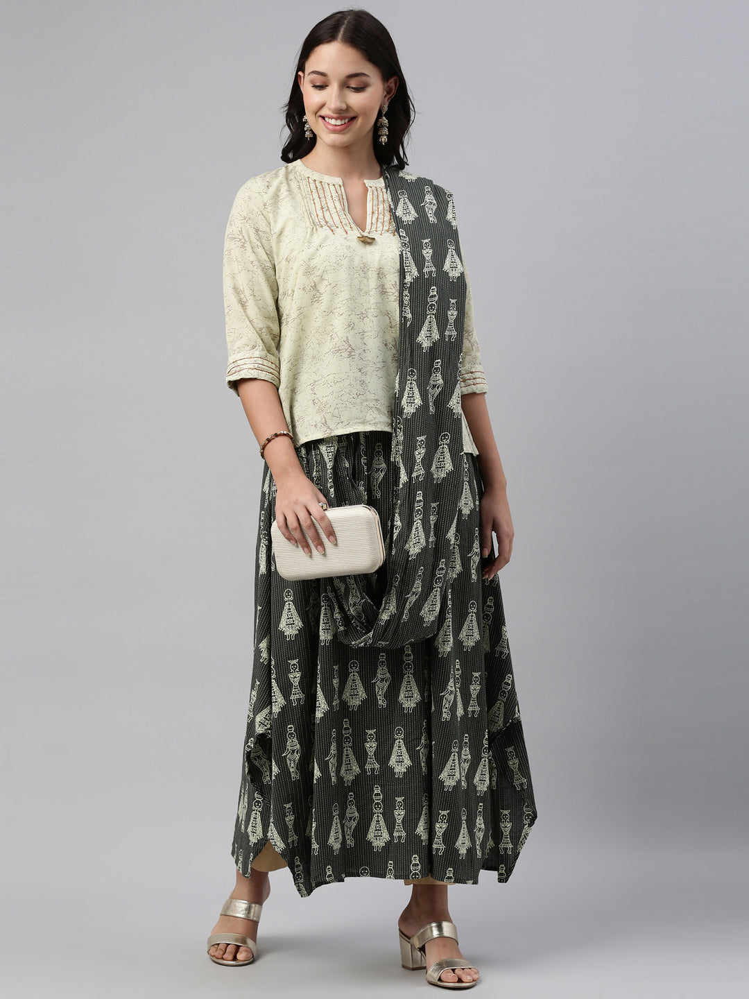 Neerus Green cotton printed anarkali kurti - front view