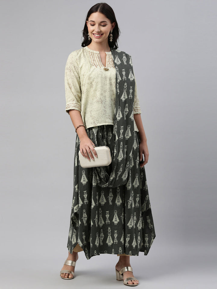 Neerus Green cotton printed anarkali kurti - front view