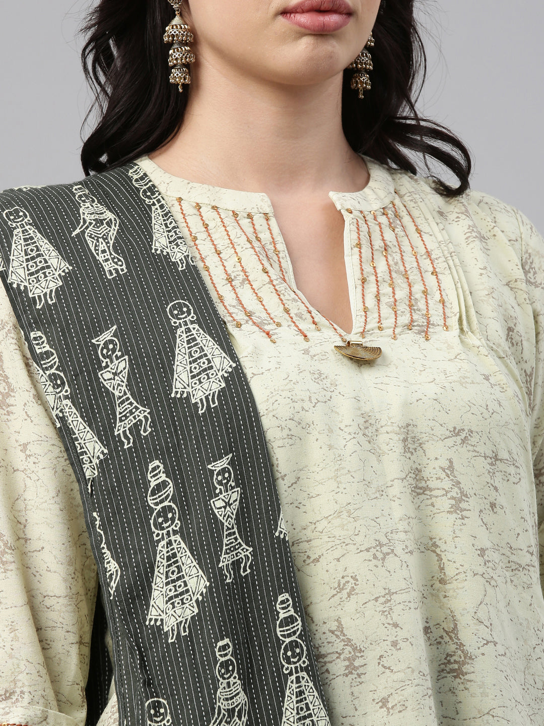 Neerus Green cotton printed anarkali kurti - detail view 3