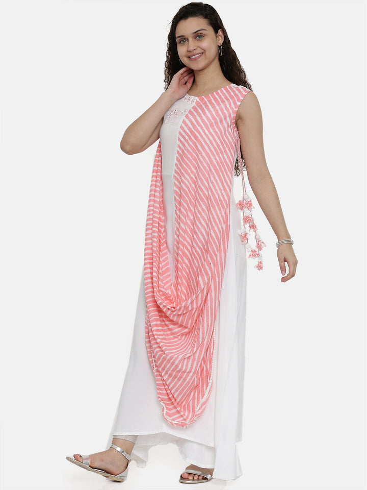 Neerus White Embroidered High Low Kurta