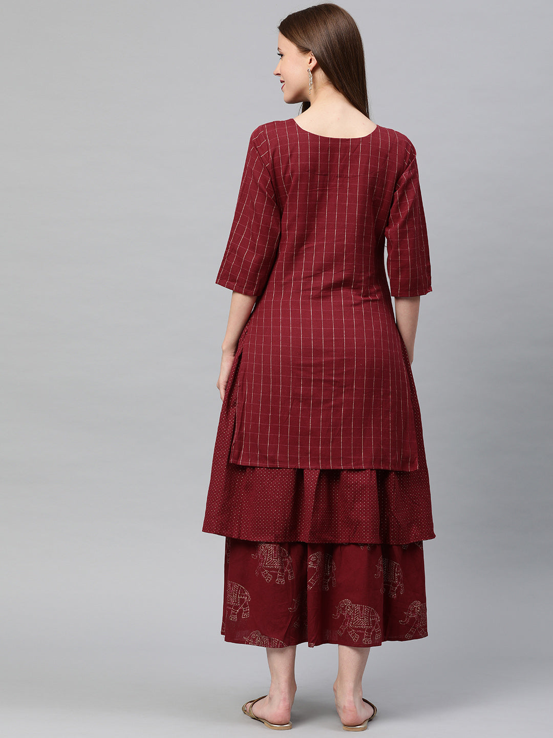 Neerus Maroon cotton embroidered flared kurta - detail view 1