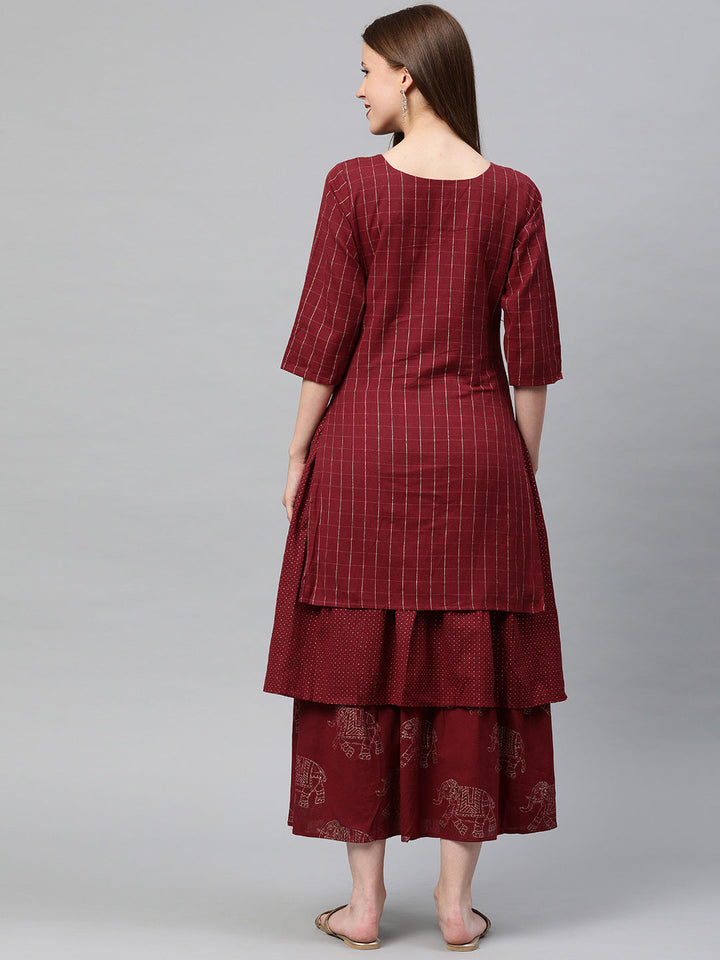 Neerus Maroon cotton embroidered flared kurta - detail view 1