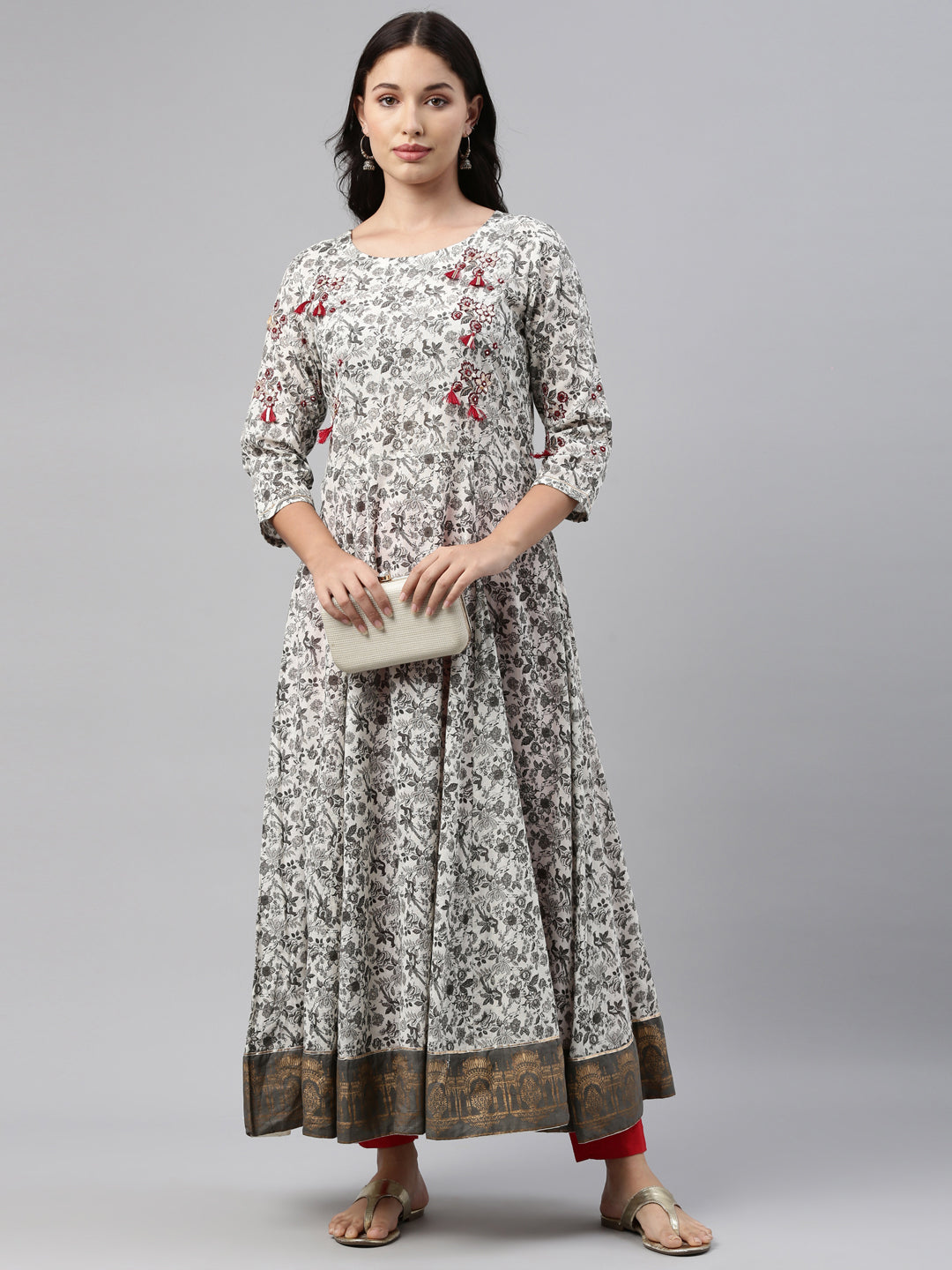 Neerus Grey cotton solid kurti tunic - front view