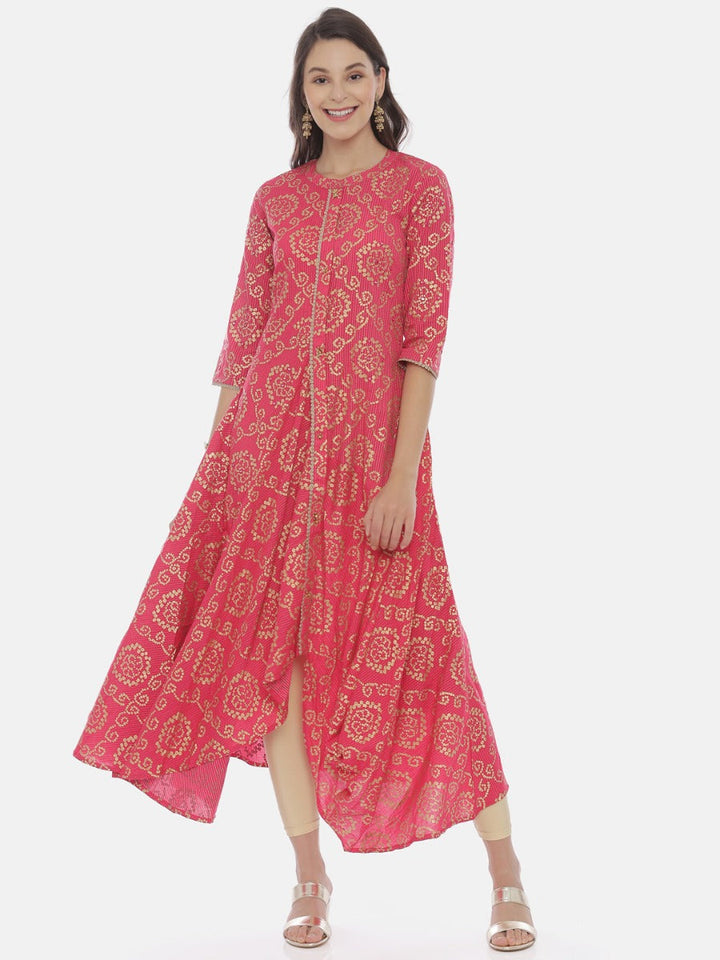Neerus Pink cotton embellished high-low kurta - front view