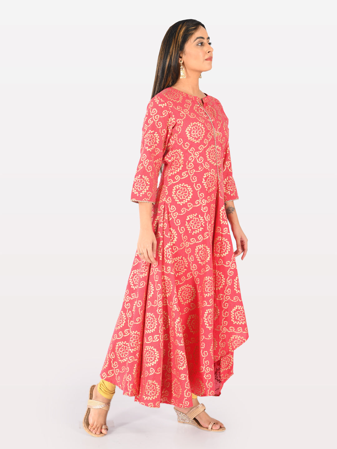 Neerus Pink cotton embellished high-low kurta - detail view 4
