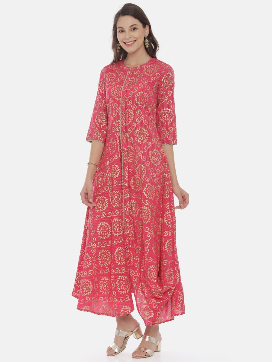 Neerus Pink cotton embellished high-low kurta - side view