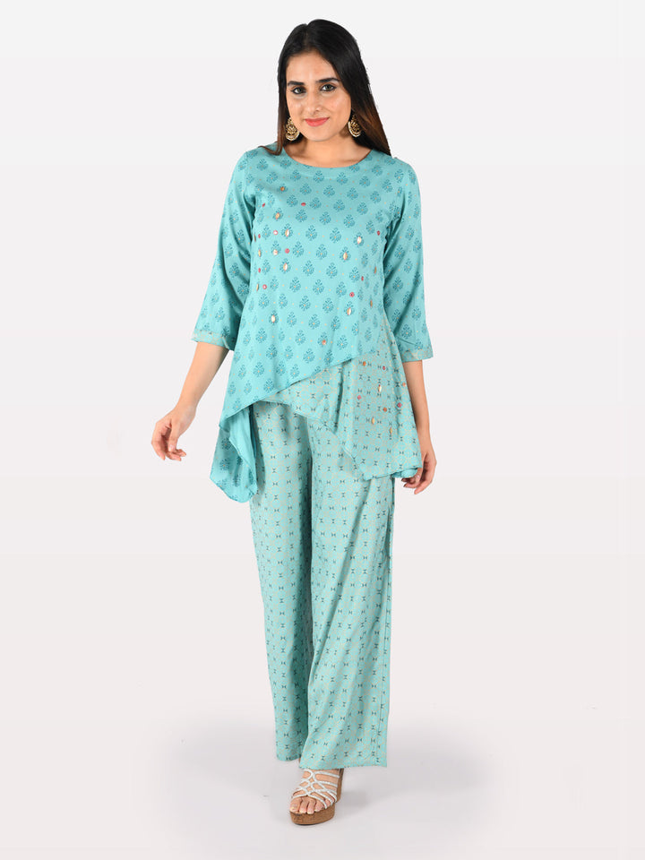 Neerus Blue rayon embellished high-low kurti - detail view 3