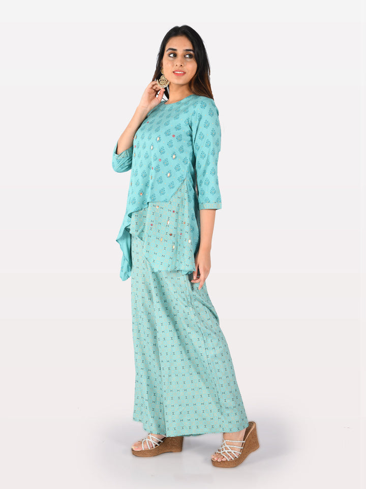 Neerus Blue rayon embellished high-low kurti - front view