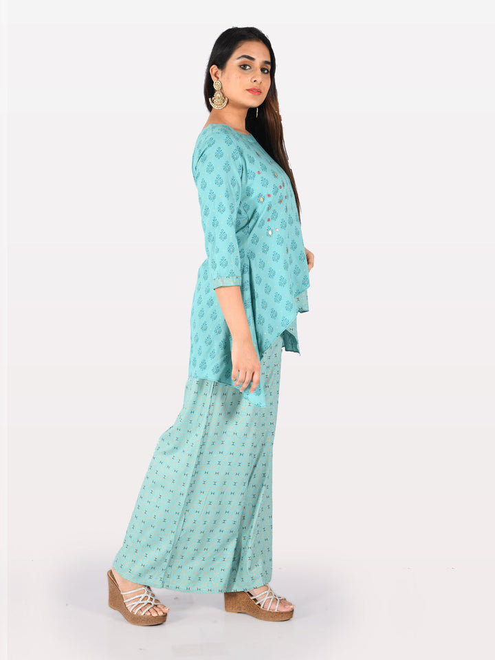 Neerus Blue rayon embellished high-low kurti - back view
