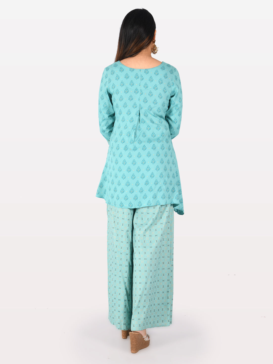 Neerus Blue rayon embellished high-low kurti - side view