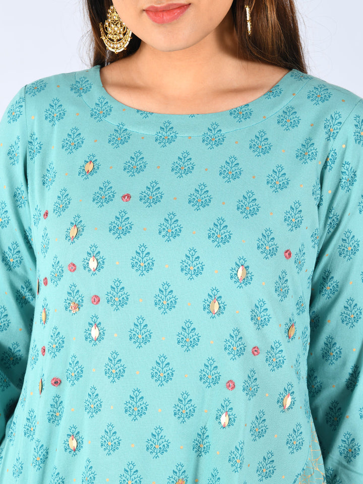 Neerus Blue rayon embellished high-low kurti - detail view 1