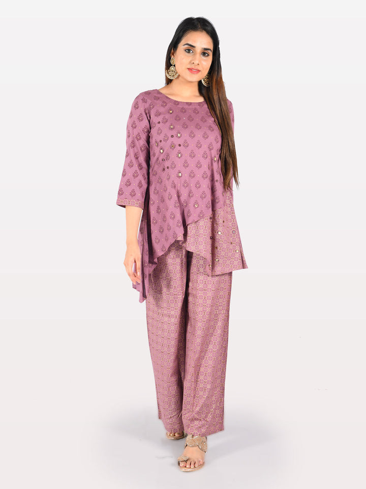 Neerus Purple cotton embellished kurta set with palazzo - detail view 5