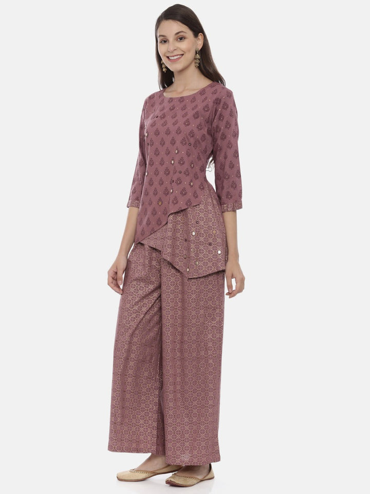 Neerus Purple cotton embellished kurta set with palazzo - side view