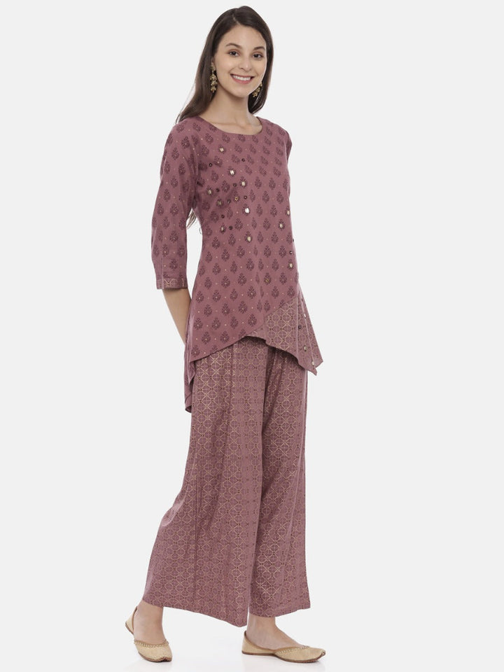 Neerus Purple cotton embellished kurta set with palazzo - detail view 1