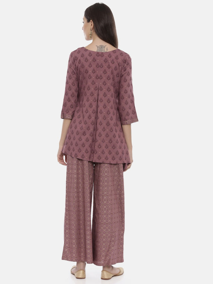 Neerus Purple cotton embellished kurta set with palazzo - detail view 2