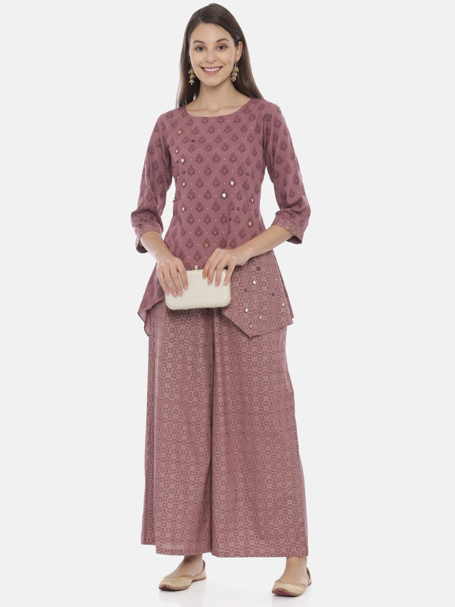 Neerus Purple cotton embellished kurta set with palazzo - detail view 3