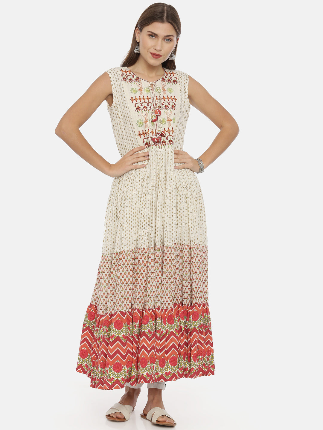 Neerus White cotton embroidered flared kurta - front view