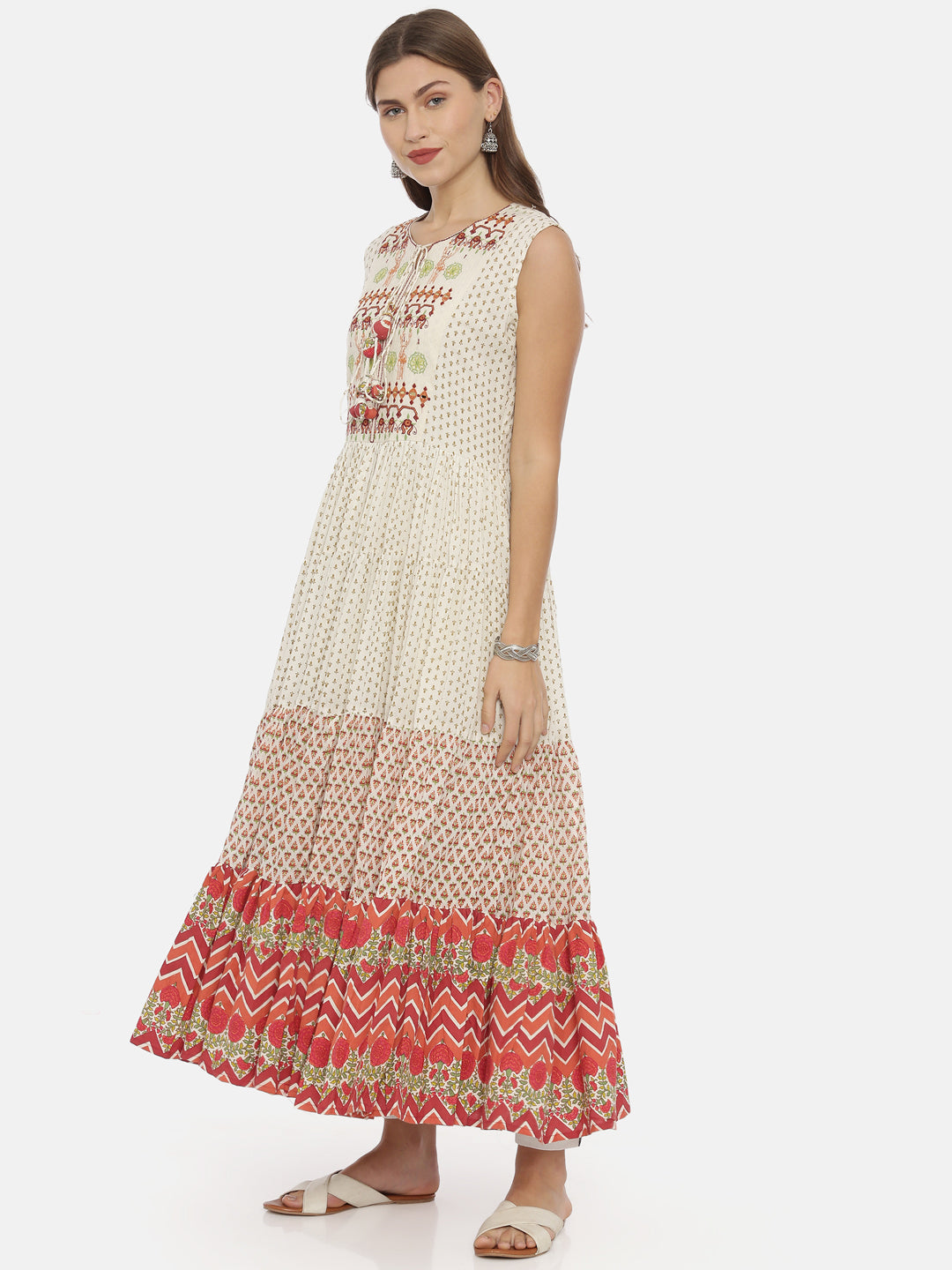 Neerus White cotton embroidered flared kurta - side view