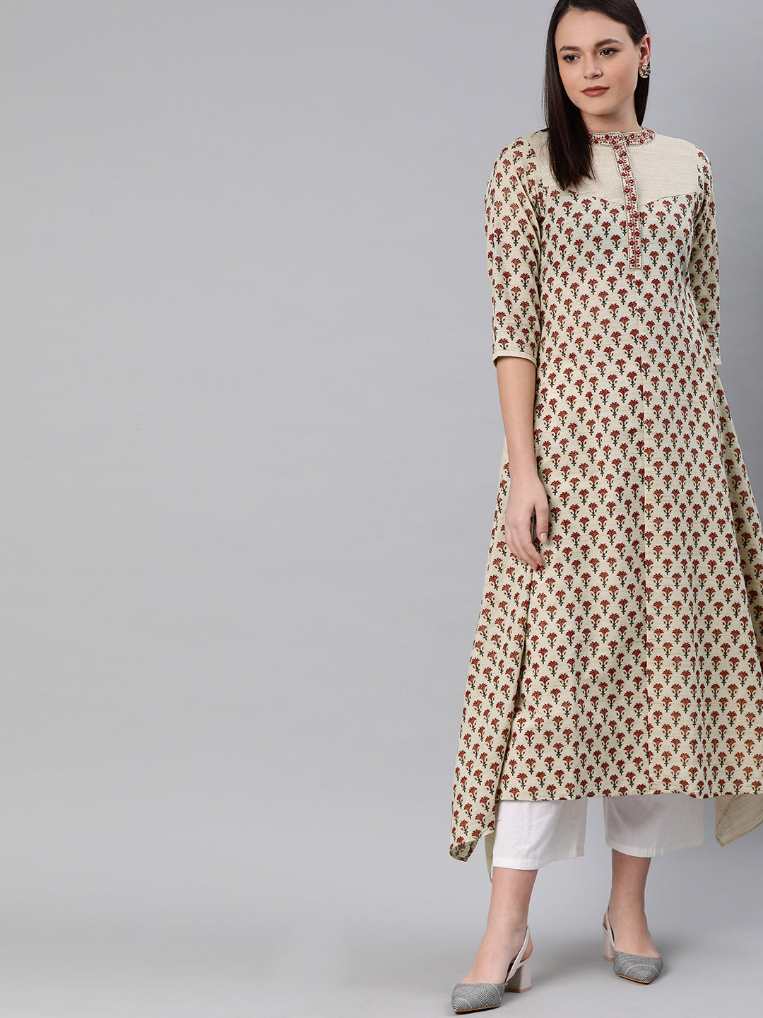 Neerus Beige cotton printed high-low kurta - back view