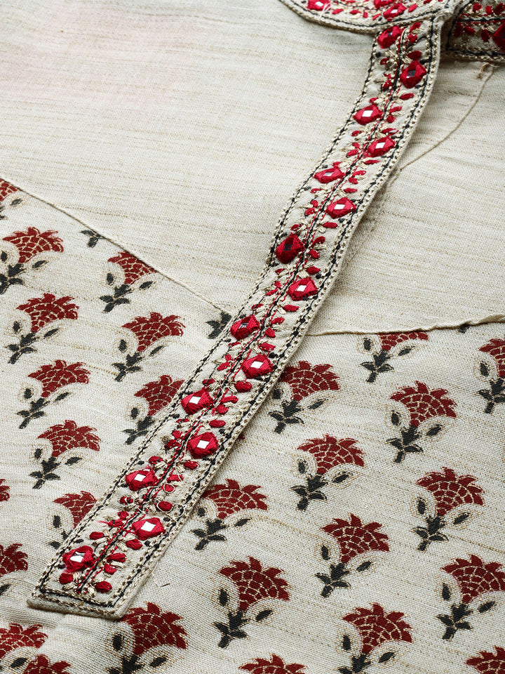 Neerus Beige cotton printed high-low kurta - side view