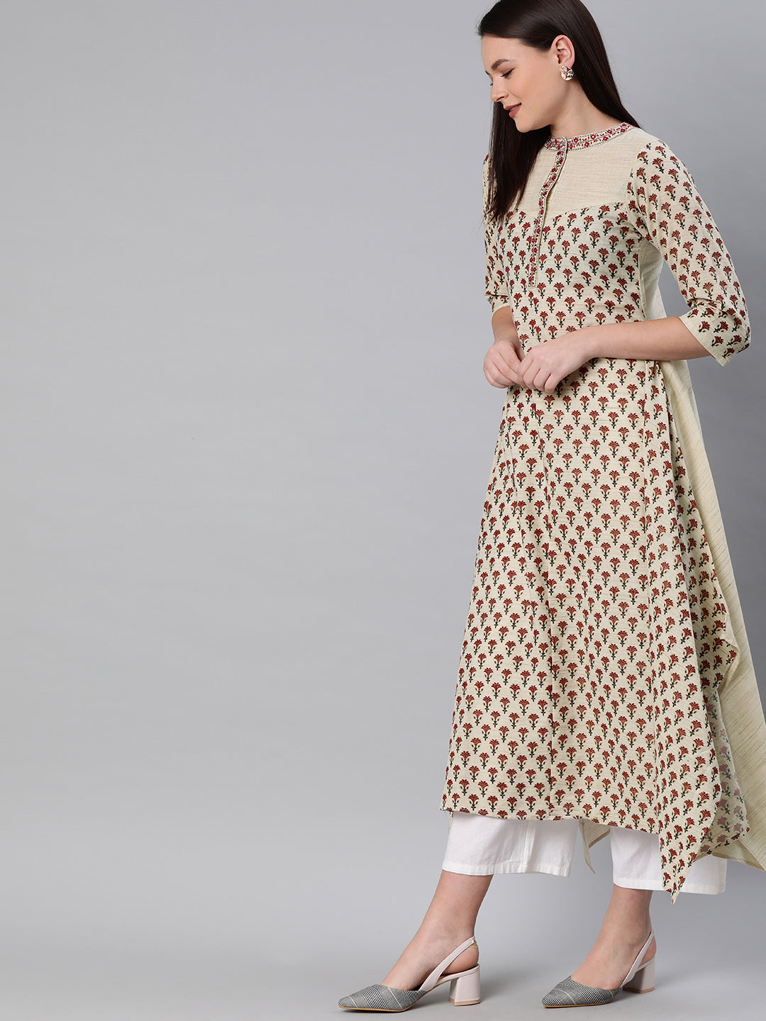 Neerus Beige cotton printed high-low kurta - detail view 1