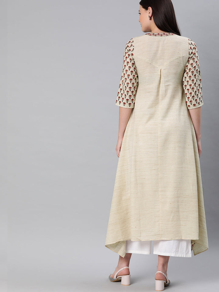 Neerus Beige cotton printed high-low kurta - detail view 2