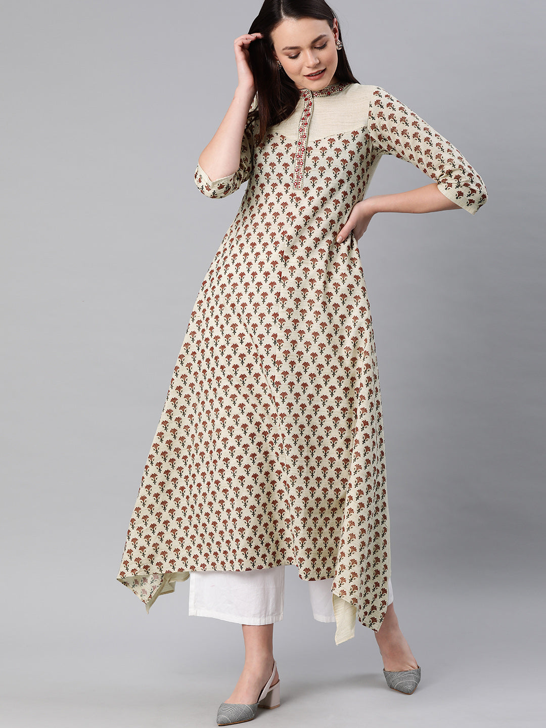 Neerus Beige cotton printed high-low kurta - front view