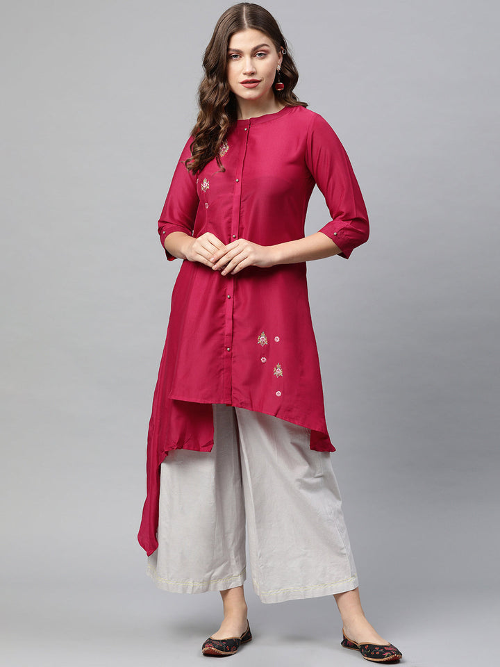 Neerus Pink rayon embroidered high-low kurta - front view