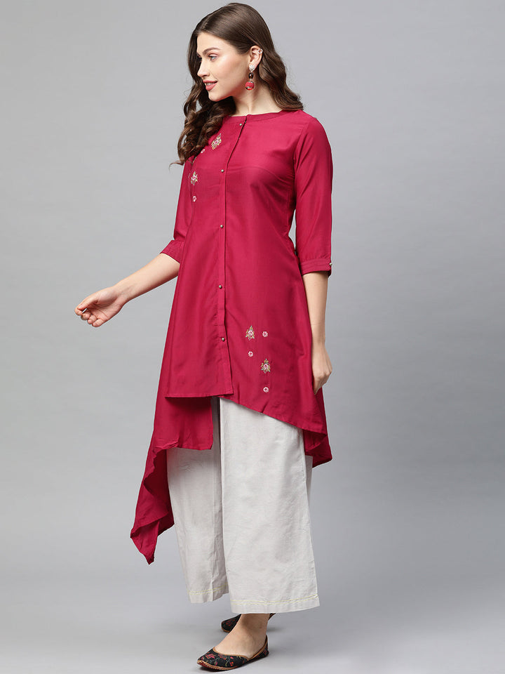 Neerus Pink rayon embroidered high-low kurta - side view