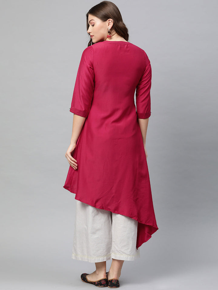 Neerus Pink rayon embroidered high-low kurta - detail view 1