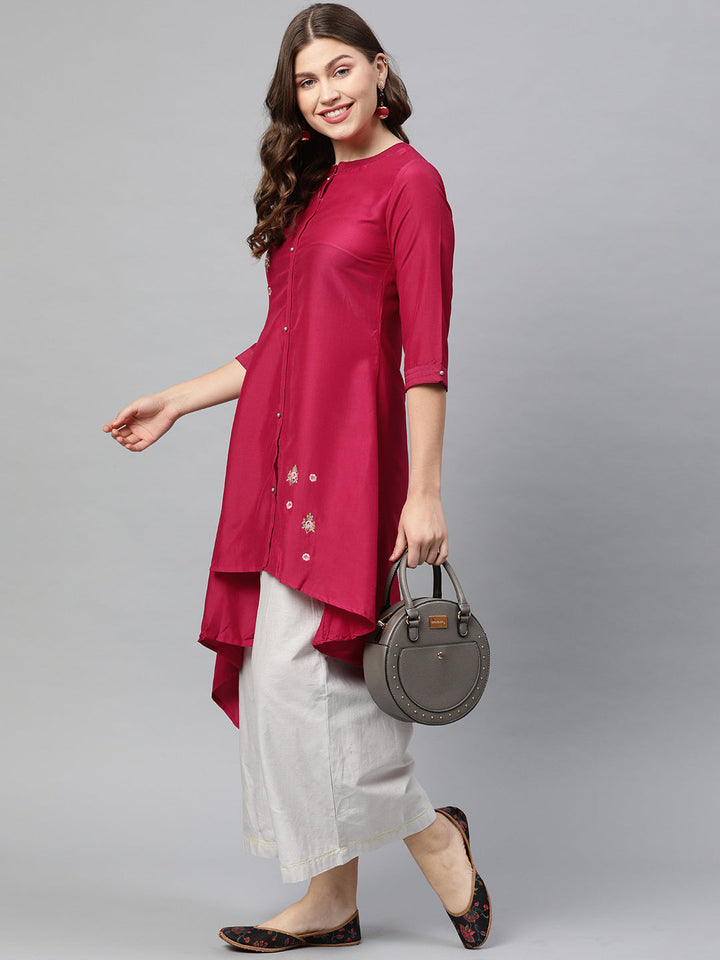 Neerus Pink rayon embroidered high-low kurta - detail view 2