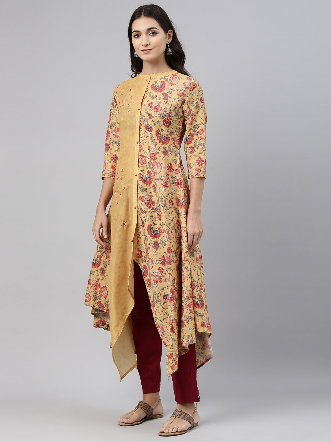 Neerus Yellow muslin straight kurti - side view