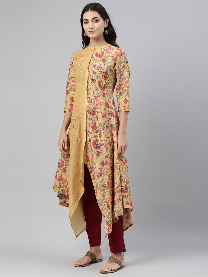 Neerus Yellow muslin straight kurti - side view