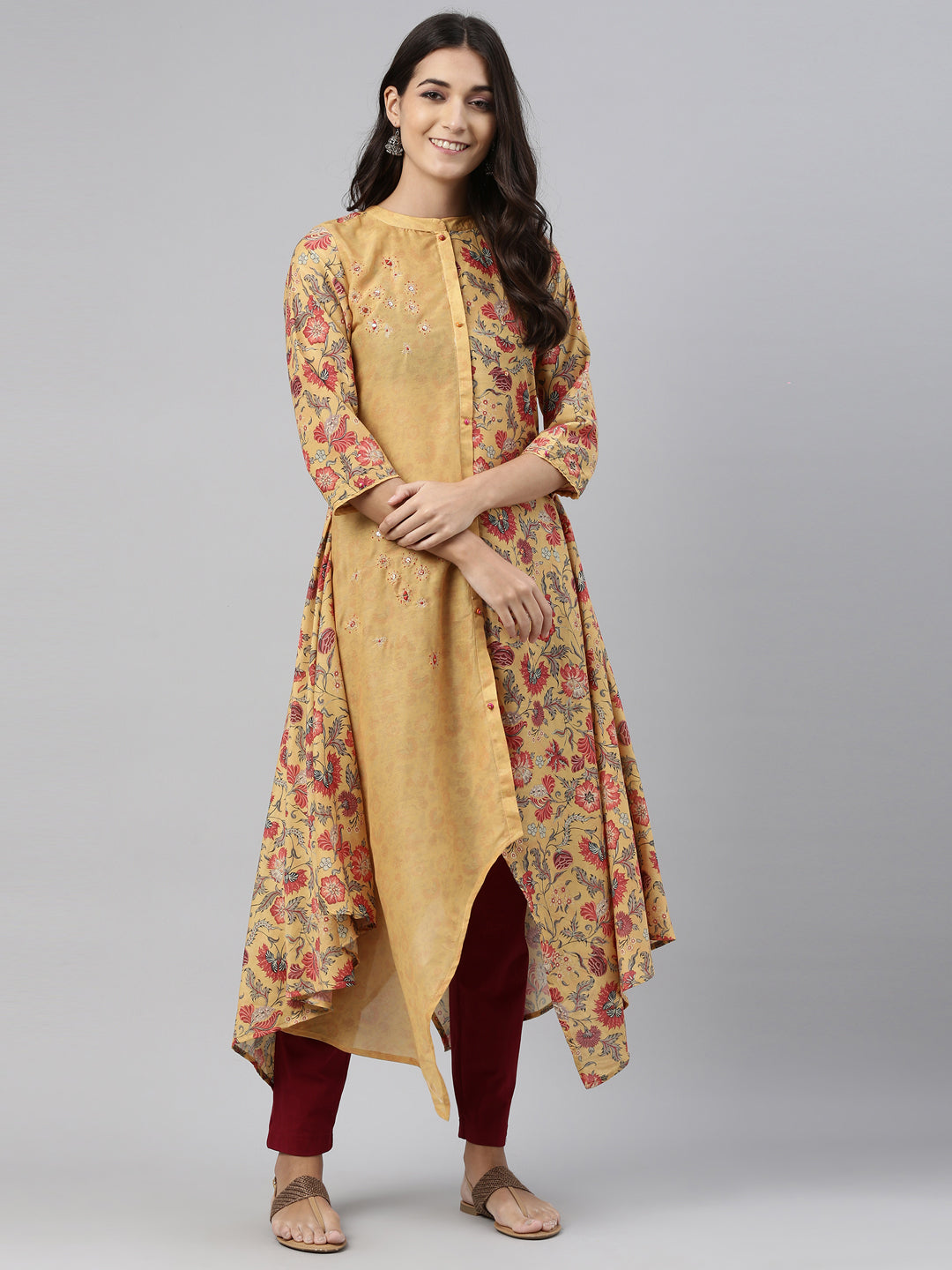 Neerus Yellow muslin straight kurti - front view