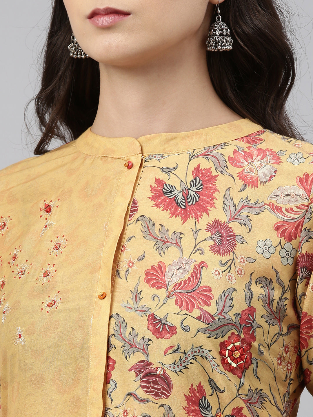 Neerus Yellow muslin straight kurti - detail view 3