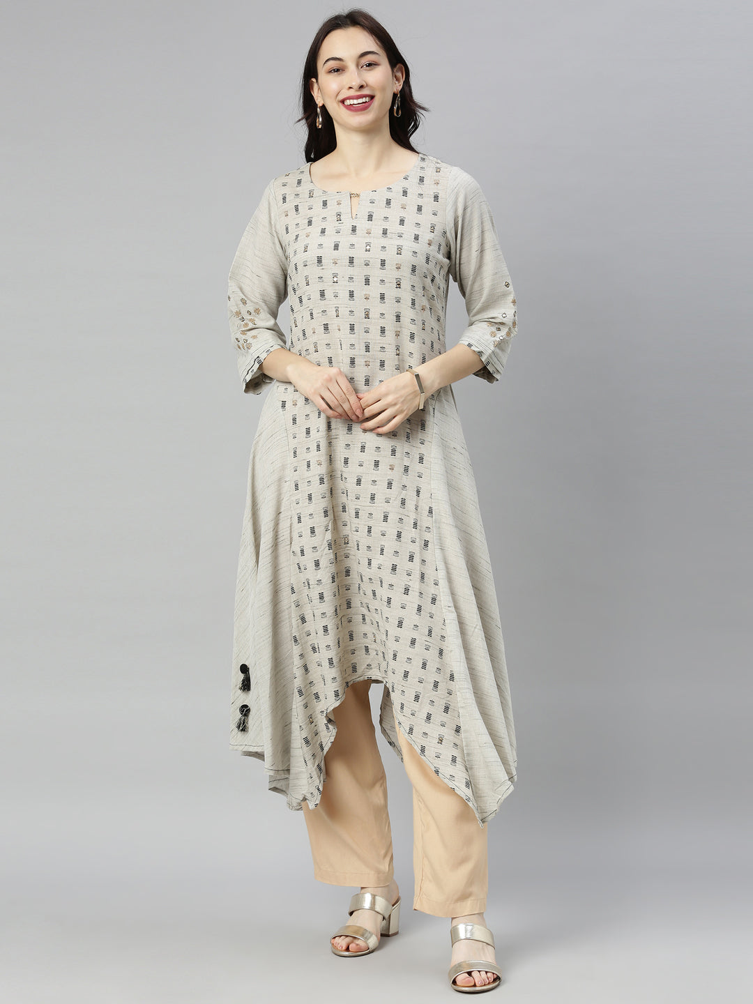Neerus Grey printed high-low kurta - front view