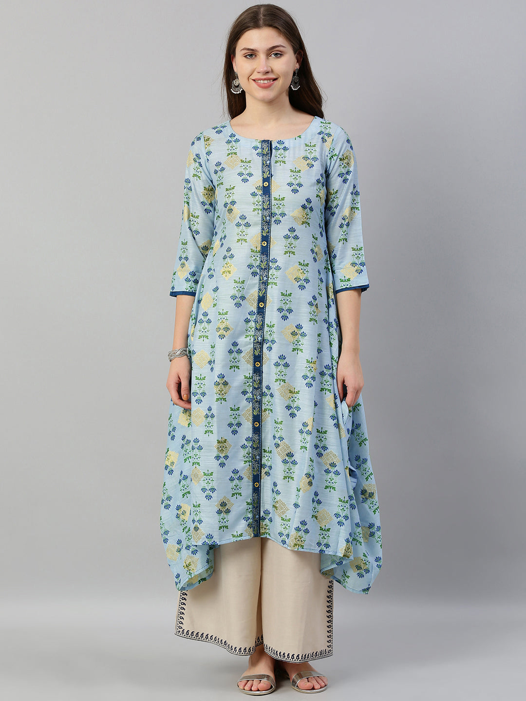 Neerus Blue muslin printed high-low kurti - front view