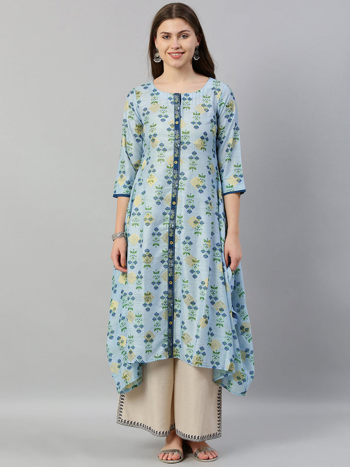 Neerus Blue muslin printed high-low kurti - front view