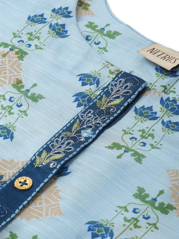 Neerus Blue muslin printed high-low kurti - back view