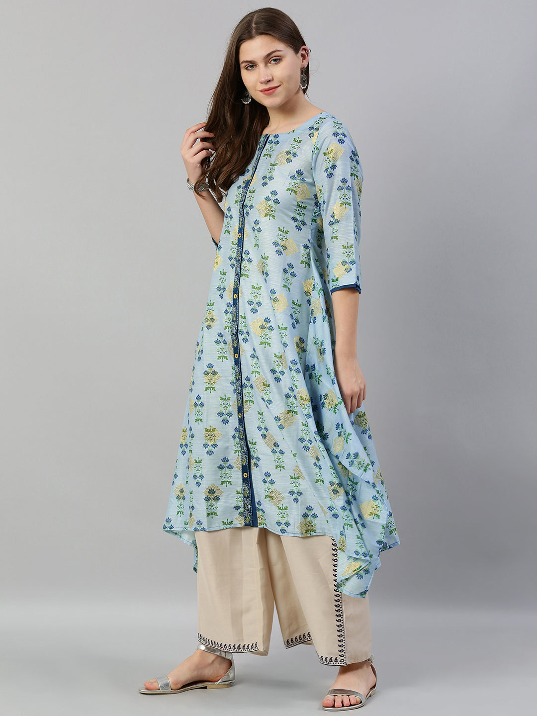 Neerus Blue muslin printed high-low kurti - side view