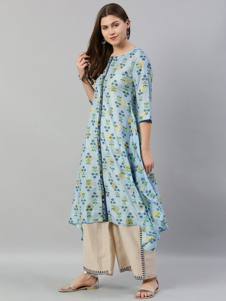 Neerus Blue muslin printed high-low kurti - side view