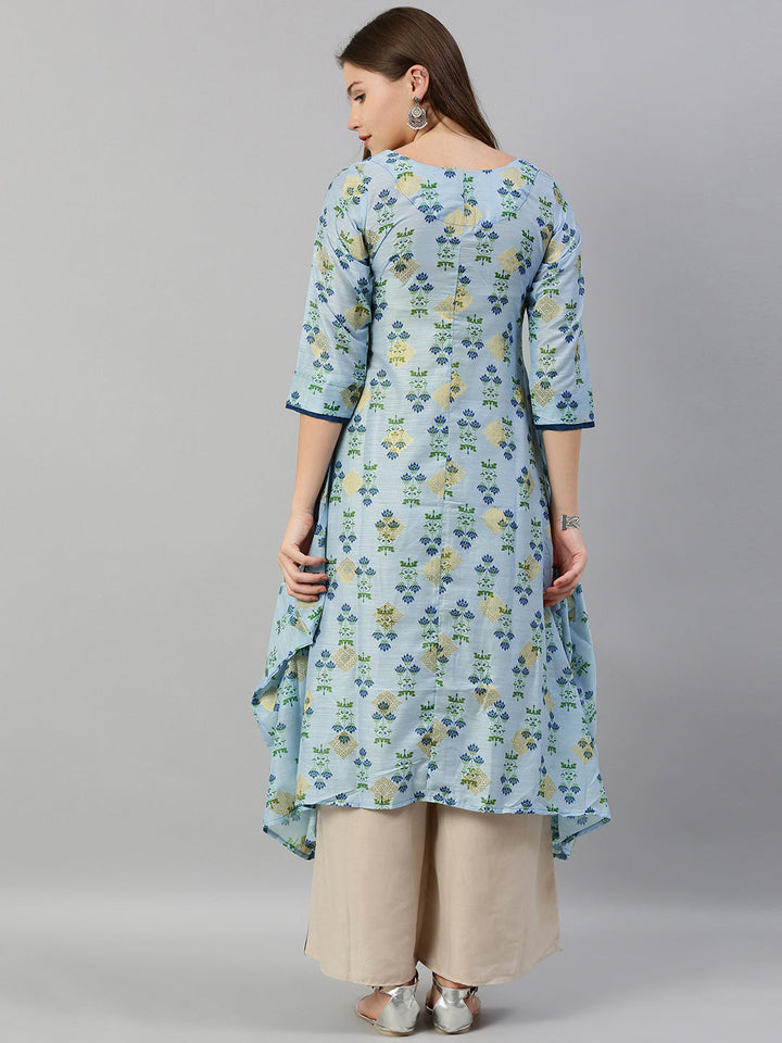 Neerus Blue muslin printed high-low kurti - detail view 1
