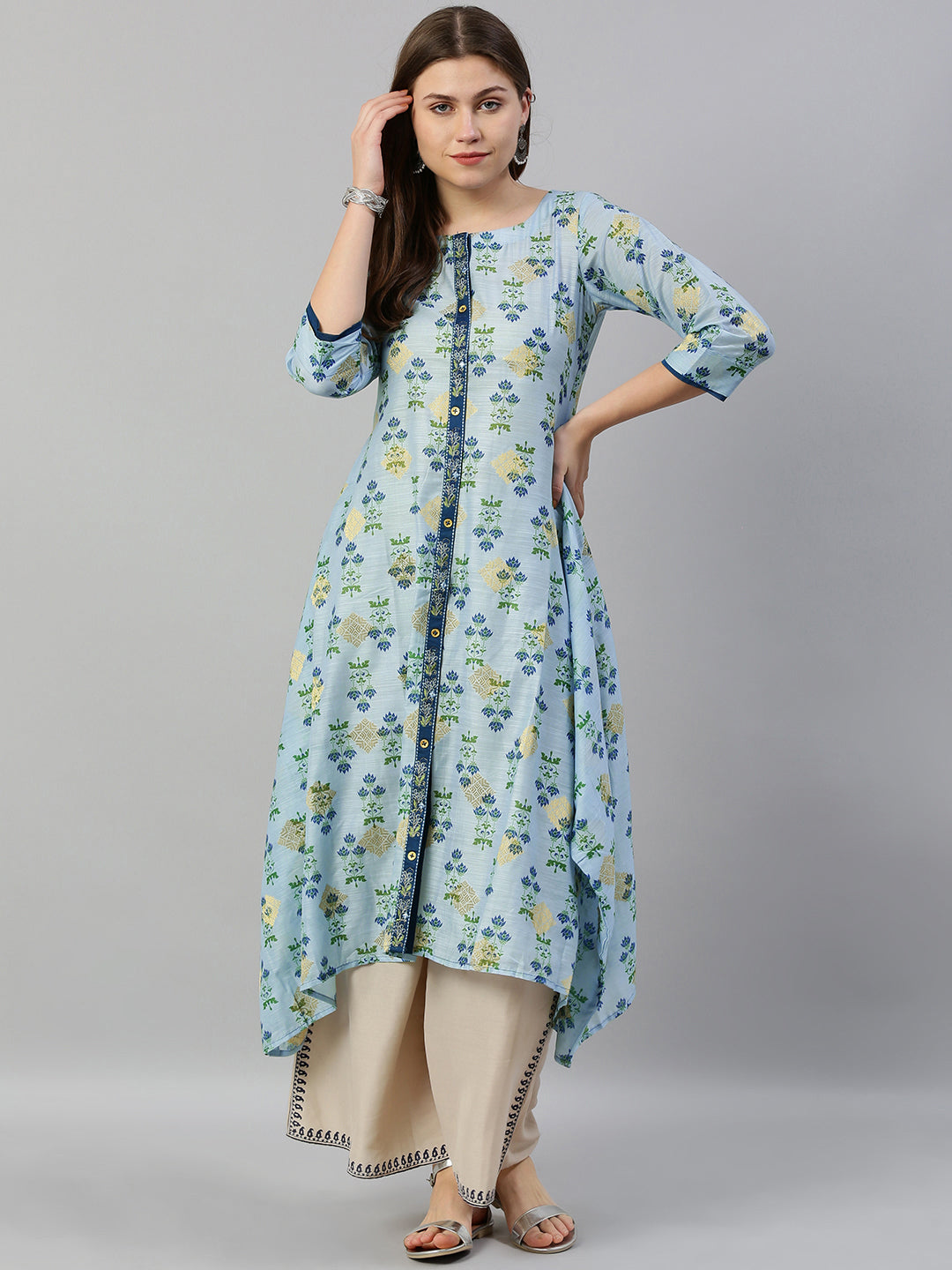 Neerus Blue muslin printed high-low kurti - detail view 2