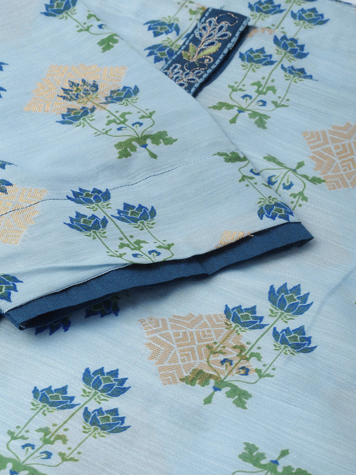 Neerus Blue muslin printed high-low kurti - detail view 3