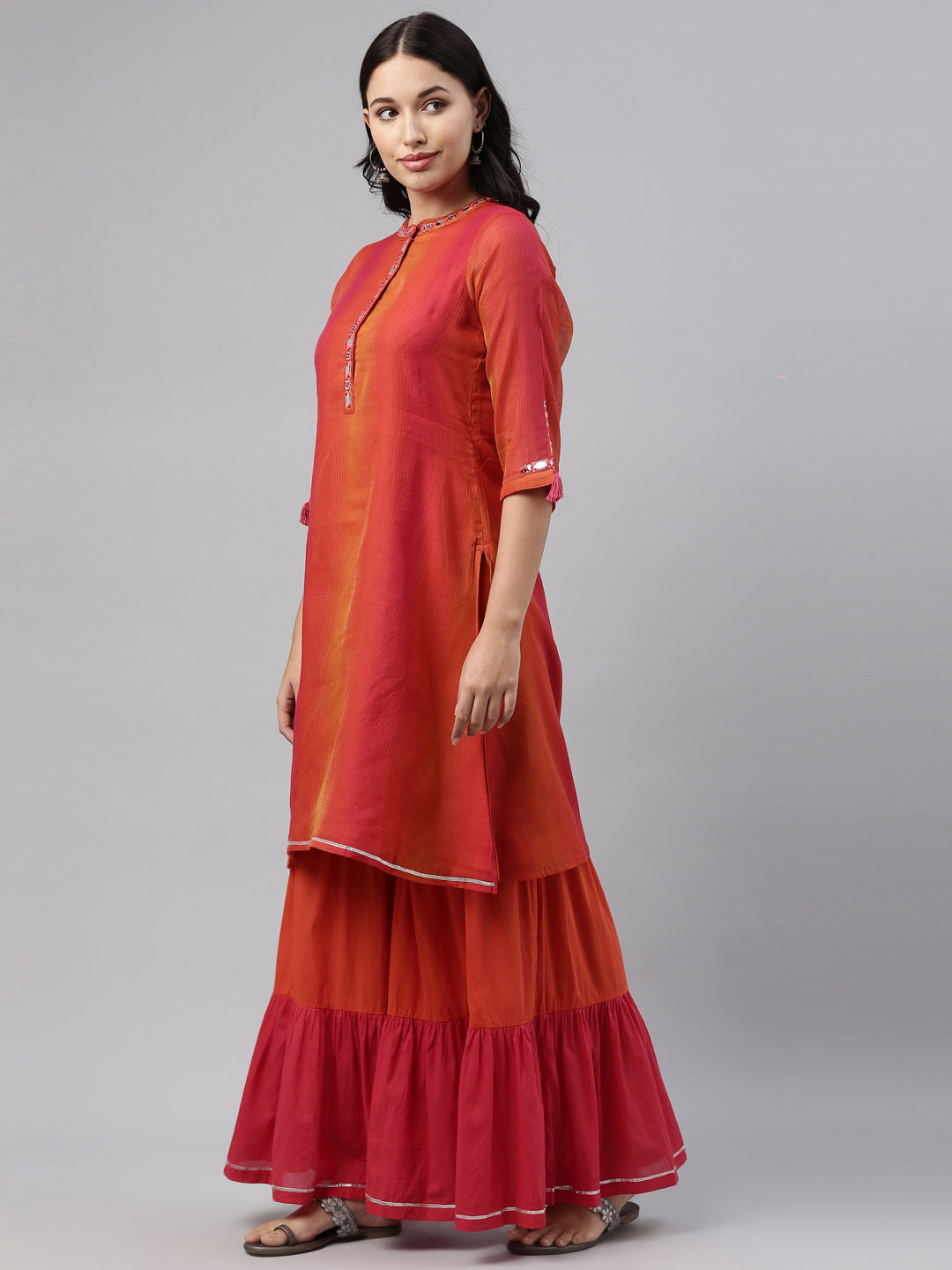 Neerus Pink Chanderi printed kurta set - detail view 1